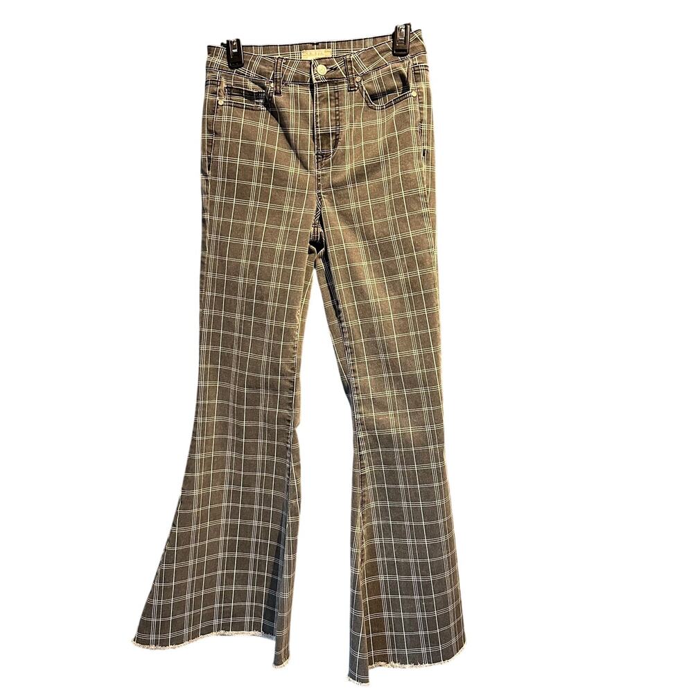 Altar'd State Size 27 Plaid Flare Bell Bottom Pants Denim Gray White Plaid
